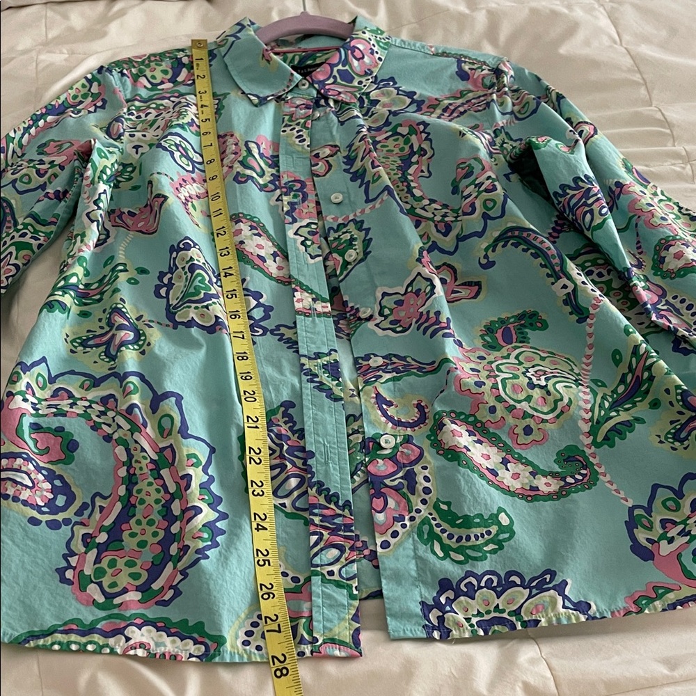 Talbots 100% Cotton Mint Green Paisley Button-Up Shirt with Pink n Navy Accents - Picture 7 of 12
